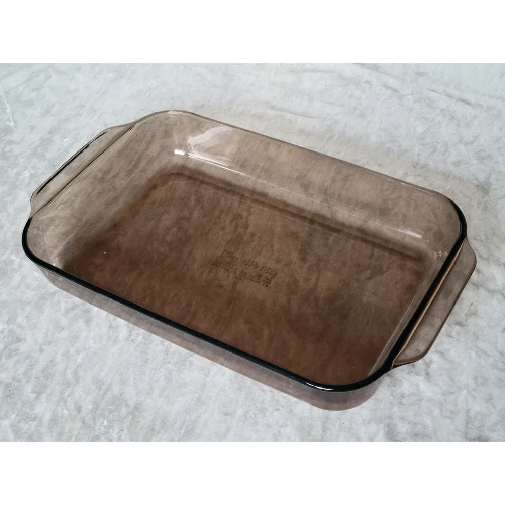 Vtg Pyrex Party Server Amber 9x13 3QT Baking Dish 233-R Gold-toned Cradle Stand